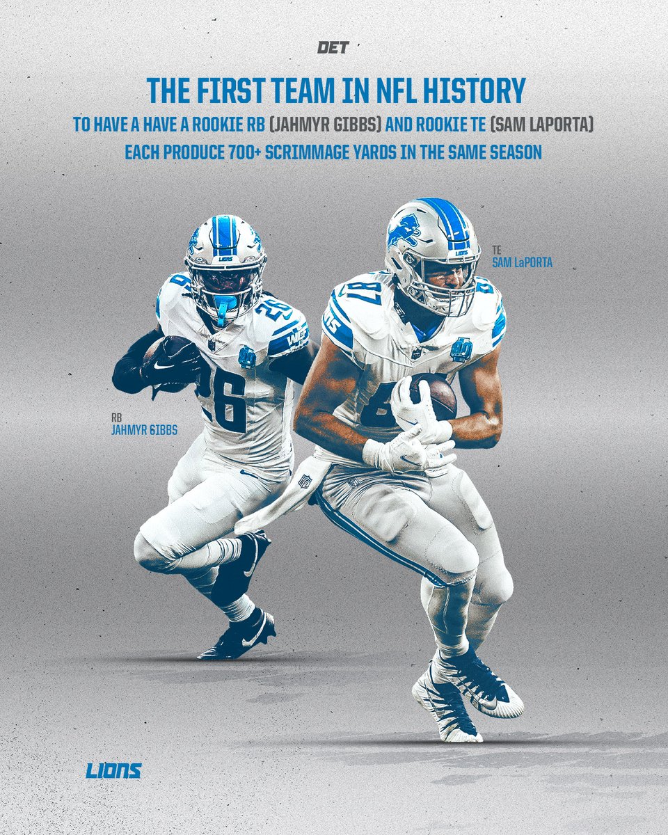 LionsPR's tweet photo. For the first time in #NFL history, a team has had a rookie RB and rookie TE each produce 700+ scrimmage yards in a single season.

#OnePride https://t.co/4RxsV7gorS