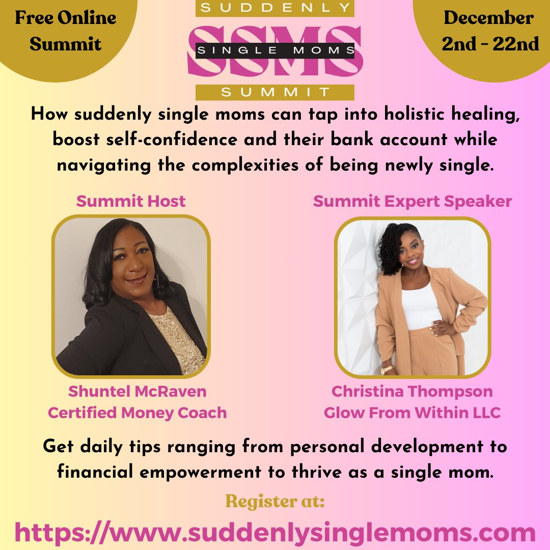 FinMindful's tweet photo. Join the Suddenly Single Moms Summit to get tips ranging from personal development and financial empowerment.

Hurry before the summit ends!

#divorcesupport #widow #widowhood #widowlife #widowed #widowshelpingwidows #mompreneur #momlife #momhood https://t.co/uRzX8qBpJG