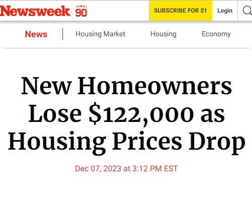 New Homeowners Lose $122,000 as Housing Prices Drop (Newsweek) 

New homeowners across the U.S. are confronting a rapid depreciation in their home values.

With recent data showing an average loss of $122,000 in home value in some areas, the American Dream is showing signs of