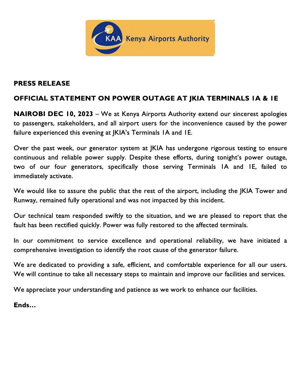 📢PRESS RELEASE📢: Official Statement on tonight's power outage at JKIA's Terminals 1A & 1E.