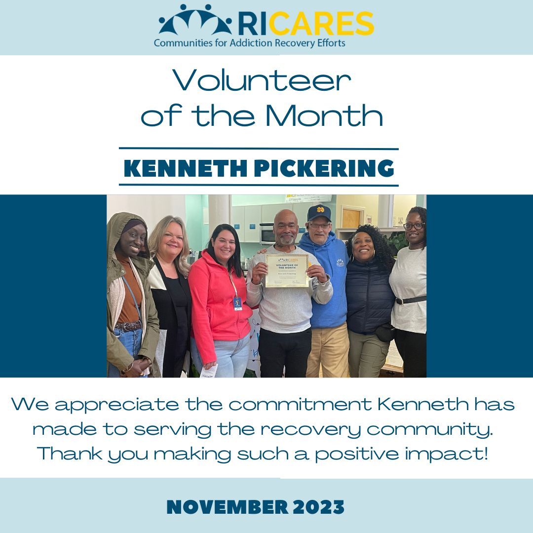 ri_cares's tweet image. We would like to acknowledge our November Volunteer of the Month, Kenneth Pickering! 👏 Thank you for your commitment to serving the recovery community, Kenneth! #ricares #recovery #recoveryprogram