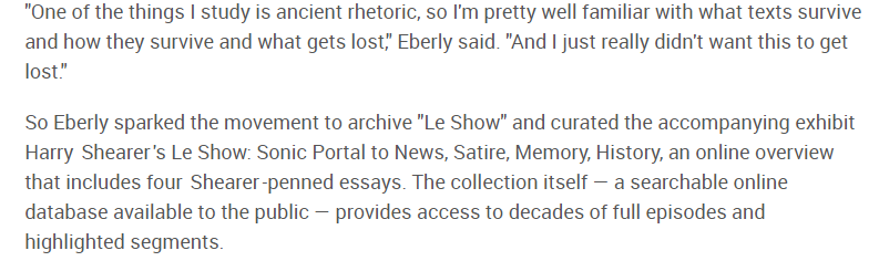 Wonderful to read about <a href="/rhosa/">dr. rhosa ☮️</a> archival/preservation efforts for <a href="/theharryshearer/">Harry Shearer</a> #LeShow on its 40th anniversary being noted by <a href="/washingtonpost/">The Washington Post</a> 
 <a href="/RadioTaskForce/">#RPTF</a> 

washingtonpost.com/entertainment/…