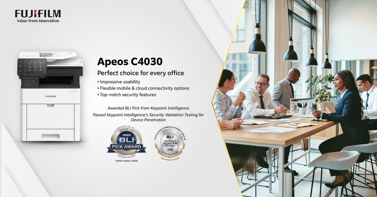 Need a workgroup solution that supports collaboration and secured workflows? Check out the Buyers Lab (BLI) Award winning Apeos C4030 multifunction printer now. bit.ly/40mMryn