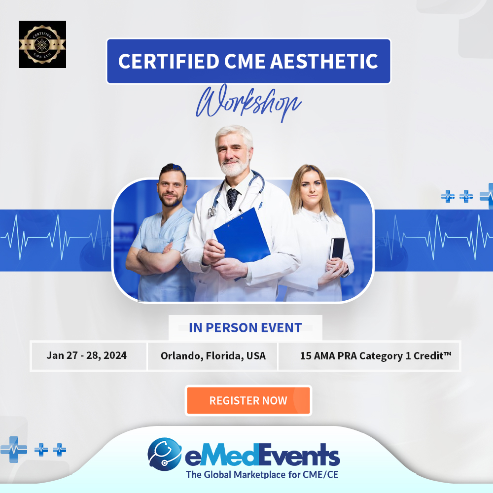 eMedEvents's tweet photo. Join us at the Certified CME Aesthetic Workshop is organized by Certified CME LLC and will be held from Jan 27 - 28, 2024
Register Now: https://t.co/FdBT8bcc1I
#AestheticMedicine #CMEWorkshop #ProfessionalDevelopment #cme #ce #meded #eMedEvents https://t.co/8P0iiZFfAb