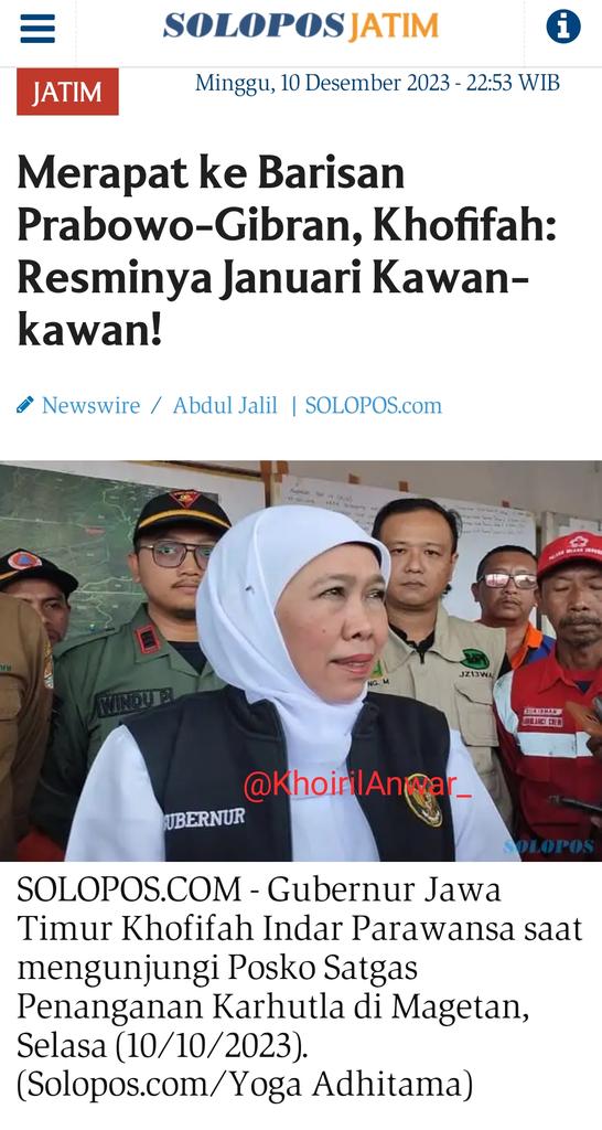 Merapat ke Barisan Prabowo-Gibran, Khofifah: Resminya Januari Kawan-kawan! 

serunyabareng ayahbowogibran
#WaktunyaIndonesiaMaju
#PrabowoGibranIstimewa
Menang satu putaran jatim.solopos.com/merapat-ke-bar…