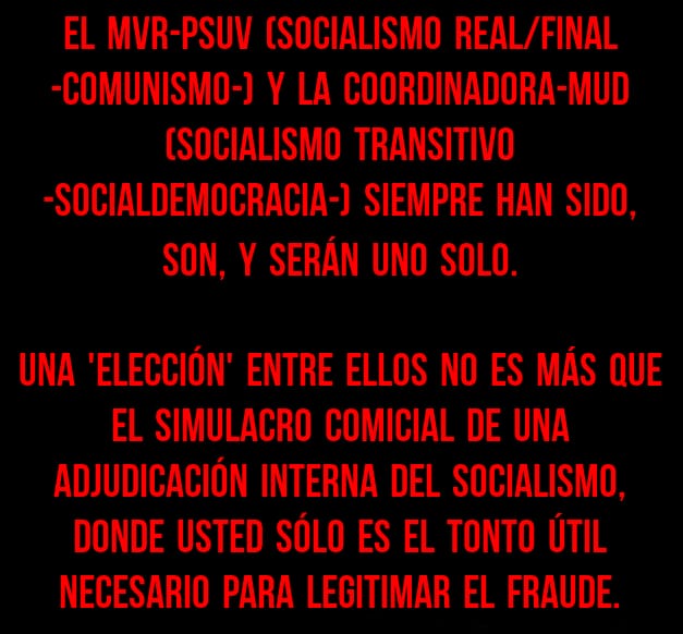 #VenezuelaNoVota🇻🇪
#TRUMP
#CalleYMaduroCae
@AntiProgreVzla

A PARTIR DE HOY RETIRO DEL BLOQUE DE ETIQUETAS EL HT

#VenezuelaEnDesobediencia

LA RAZÓN ES QUE
NADIE ESTÁ PENDIENTE DE DESOBEDECER NI EMANCIPARSE NI SIQUIERA😡USAR LA REBELIÓN COMO ARMA CIUDADANA DE LIBERACIÓN‼️

RP/😡