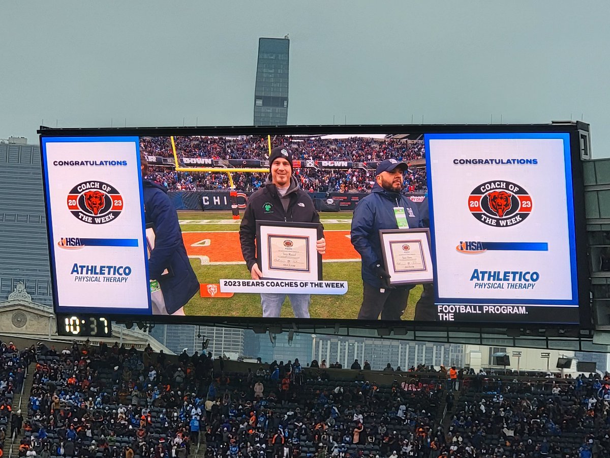 LeviDerber's tweet photo. Congrats once again to @IrishtrackF who was honored at halftime of the Bears game for being the Week 1 Chicago Bears Football Coach of the Week!  Well deserved!  Dude puts his all into these kids! https://t.co/sOvNa6VYEB