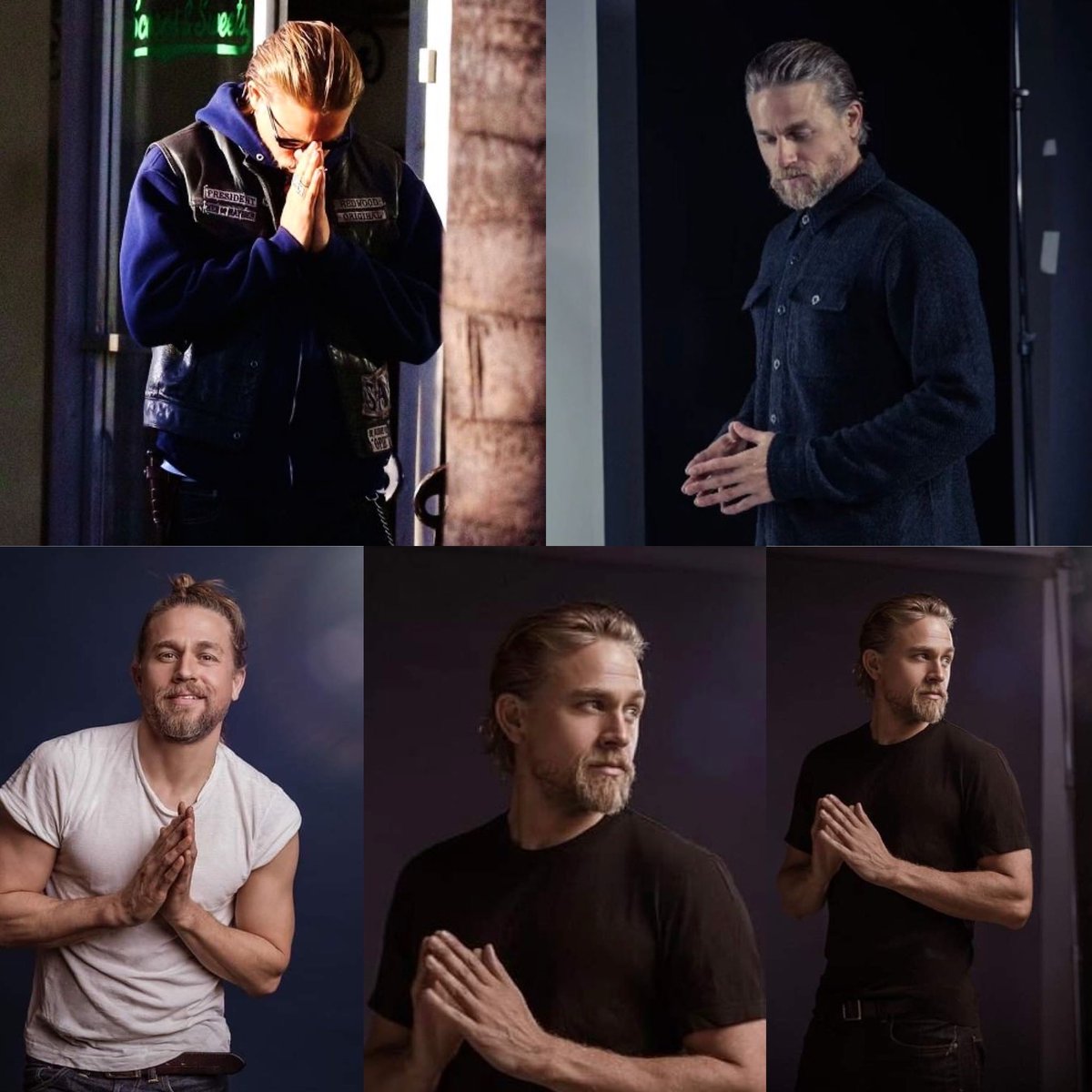 It’s Sunday. Might as well say a prayer! #CharlieHunnam #JaxTeller 
#prayerhands 🙏🏻 #thoughful #favoritepose #beautifulphotos #RebelMoon 🌔 #Kai 🌒 #renegadepilot  #sexiestmanalive #bestbeard #NeonMango @SOAMediaAddicts #perfectman 
#hissmile 🥰🌟💙