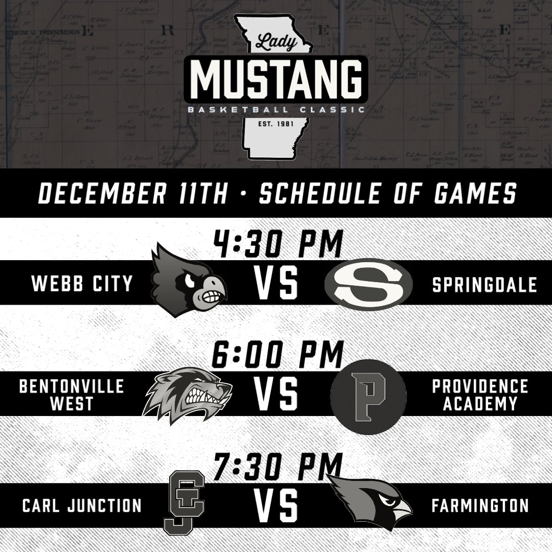 MustangClassic3's tweet image. 📆 Lady Mustang Classic Schedule of Games for Monday, Dec 11th ⬇️

📍McDonald County High School

🎟️ events.ticketspicket.com/agency/1bff8a8… (Tournament Passes at the bottom of the page)

📋🏀Tournament Info ⬇️
gomustangs.net/mustang-basket…