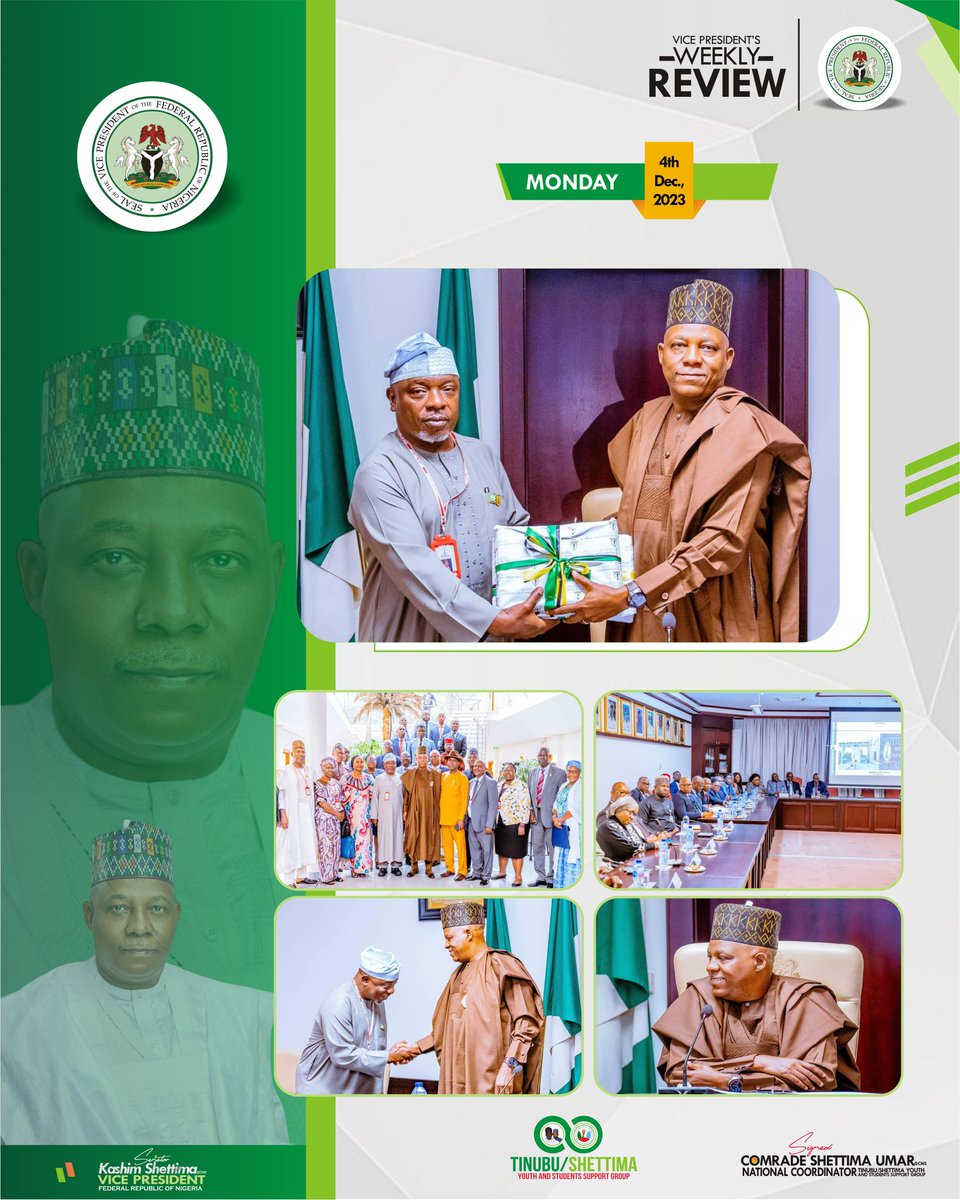 Comr_Shettima's tweet photo. Vice President, Senator @KashimSM Shettima's weekly review. 

4th - 10th, December 2023.

 #KSMWeekInReview https://t.co/XE1Bs7gSQz