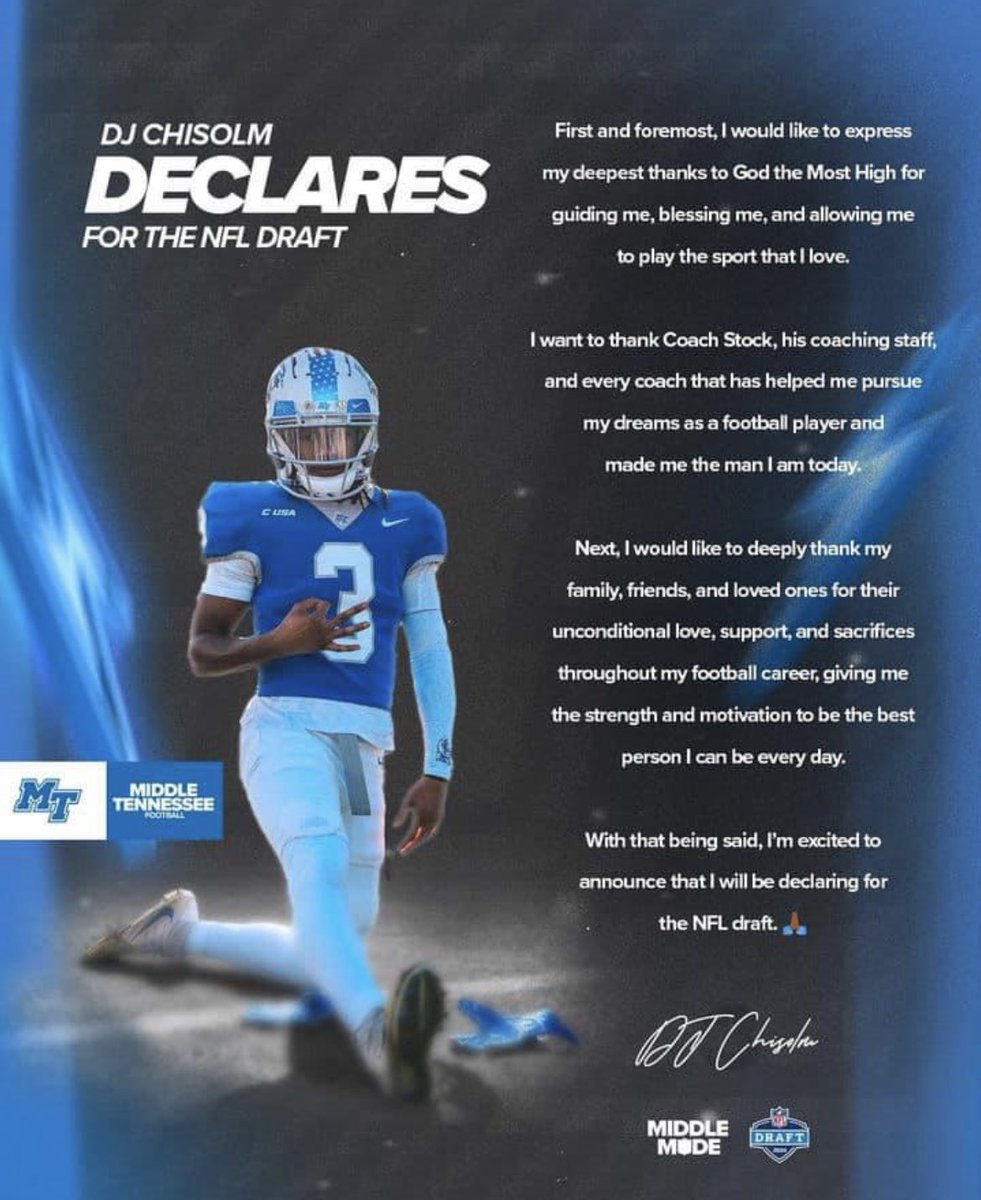 SoSportsCentral's tweet photo. Former @BerkeleyStagsFB standout and @MT_FB WR @DJ_Chisolm declares for the #NFLDraft. Good luck DJ we can’t wait to watch you ball out at the next level.

#SouthCarolinaHomeGrown 
#PalmettoStateBaller | #NFL
@LouatTheState https://t.co/u6B8EpVV33