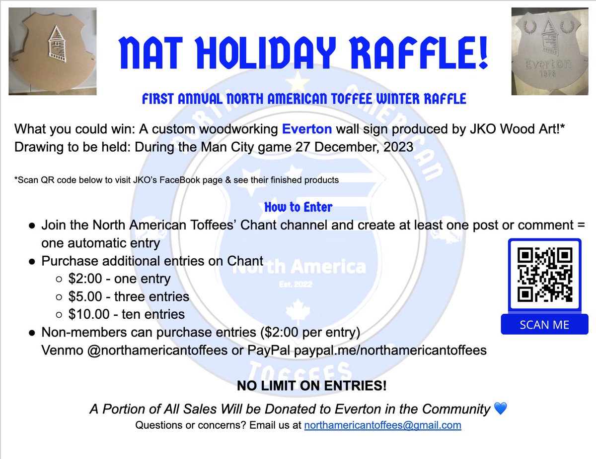 Calling all #NorthAmericanToffees! Our first Winter Raffle 💙 Enter by using the Chant app or follow the instructions for other options. NAT members join & comment on the Chant app for a free entry & check out the new @Everton Women, Academy, and beverage pics channels!
