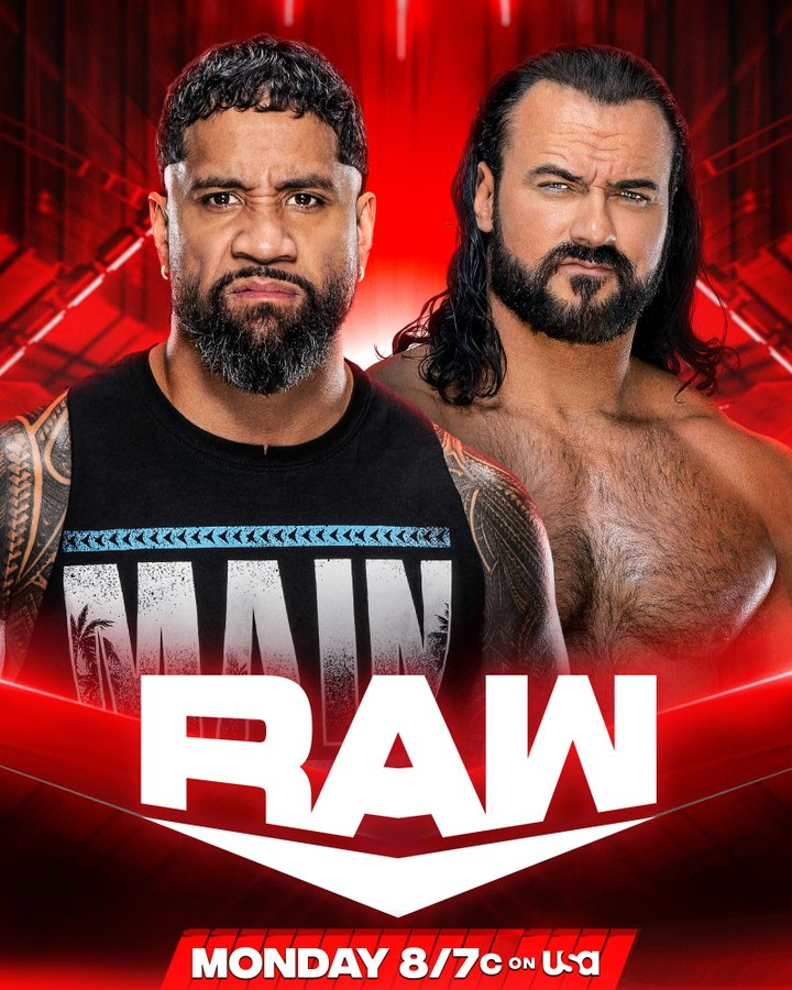 RoudeAndra's tweet photo. Can Jey Uso and Drew McIntyre end their ongoing feud in tomorrow's #WWE Raw showdown This much-awaited match might cap off their weeks of intense fights and tough talk. Wrestling fans eagerly await this clash. Will they settle their score or is this just another round in their persistent rivalry Watch #WWE Raw tomorrow evening to see what happens.