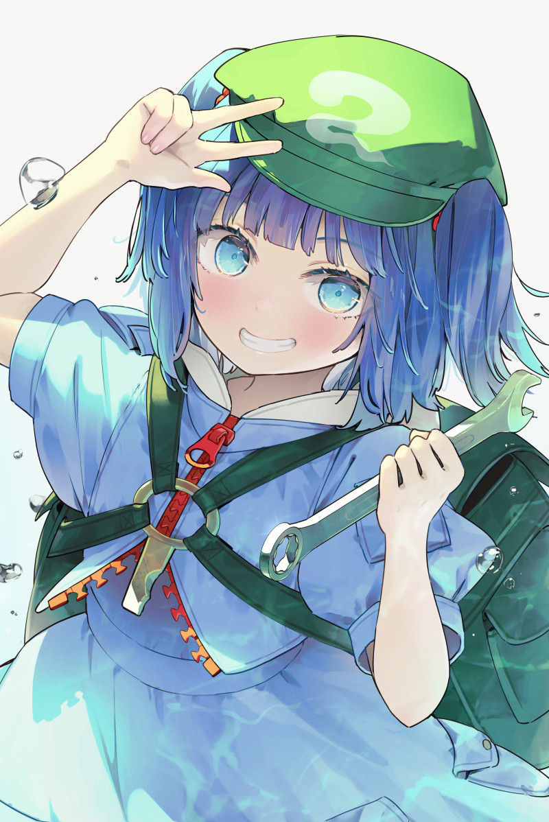 kawashiro nitori 1girl solo blue hair key bag hat blue eyes  illustration images