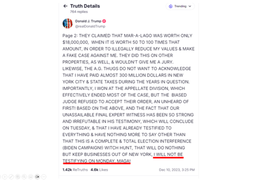 1/ 'I WILL NOT BE TESTIFYING ON MONDAY,' Donald Trump says in an all-caps statement posted on his social-media platform, Truth Social. He'd been slated to retake the stand in his fraud trial against the New York attorney general. I have a lot of thoughts on this development.