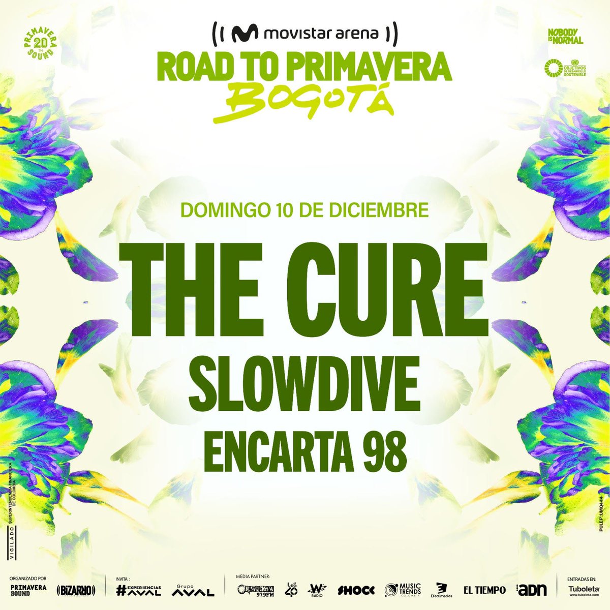 LISTOS HORARIOS PARA ROAD TO PRIMAVERA!🚨

BOGOTA! FINAL NIGHT OF #SHOWSOFALOSTWORLD23 TOUR!!!
5:00PM - DOORS OPEN
6:00PM - @98encarta  
7:00PM - @slowdiveband 
8:15PM - @thecure 

@PS_Bogota