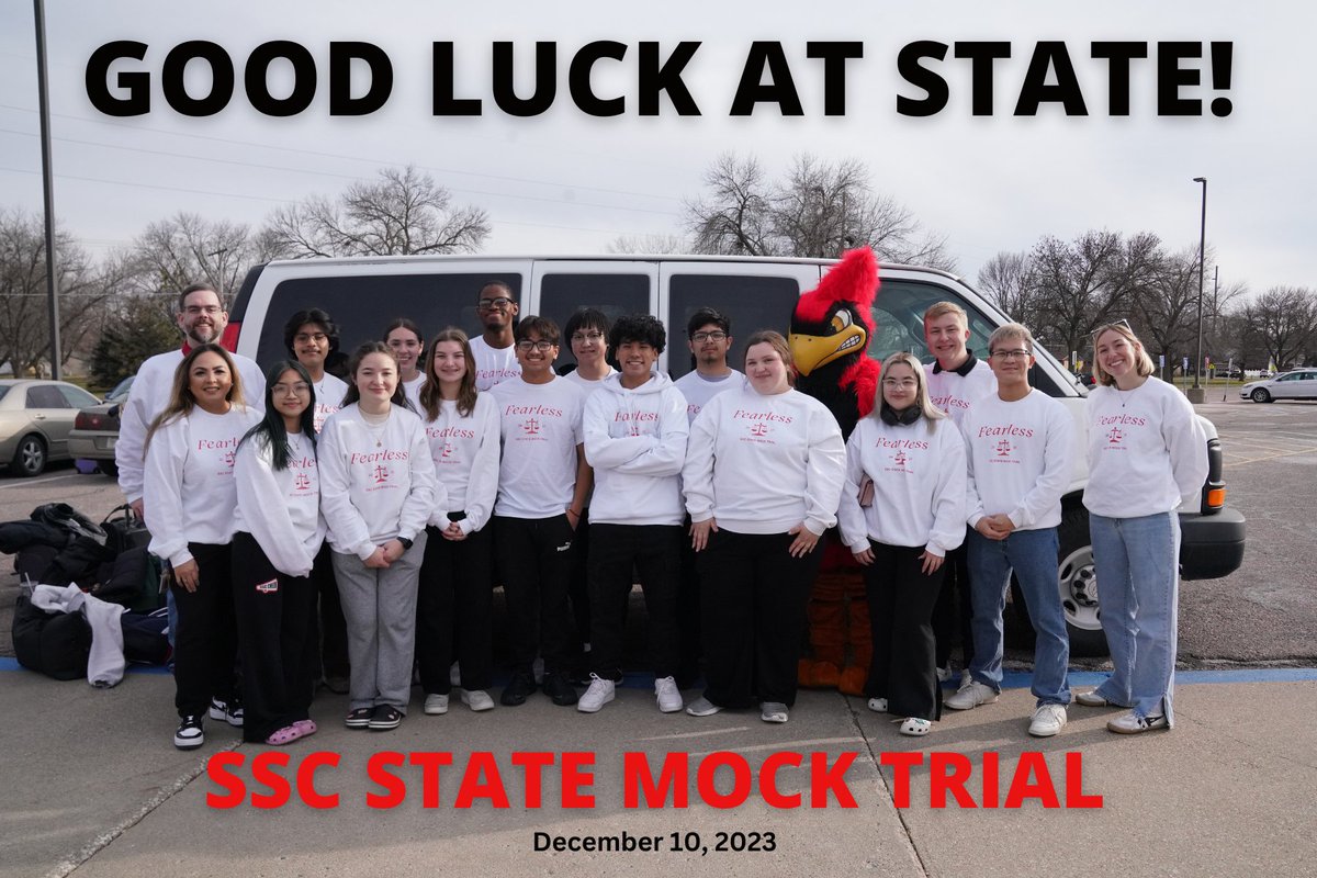 Good luck to our High School Mock Trial Team 'Fearless' as they are off to the Nebraska State Competition!   #WeAreSSC #cardpride❤️🖤❤️🖤  #mocktrial #takestate #fearless