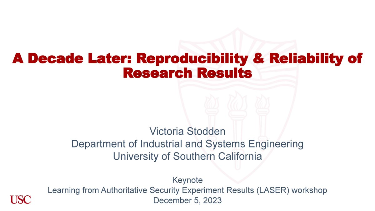 The LASER Workshop (@laser_workshop) on Twitter photo Special thanks to <a href="/victoriastodden/">Victoria Stodden</a> from <a href="/USC/">USC</a> for the <a href="/LASER_Workshop/">The LASER Workshop</a> keynote talk, “A Decade Later: Reproducibility & Reliability of Research Results”. Great to get an update on key advances since her last keynote at the 2014 LASER Workshop! #LASER2023 #ACSAC2023 #reproducibility Special thanks to <a href="/victoriastodden/">Victoria Stodden</a> from <a href="/USC/">USC</a> for the <a href="/LASER_Workshop/">The LASER Workshop</a> keynote talk, “A Decade Later: Reproducibility & Reliability of Research Results”. Great to get an update on key advances since her last keynote at the 2014 LASER Workshop! #LASER2023 #ACSAC2023 #reproducibility