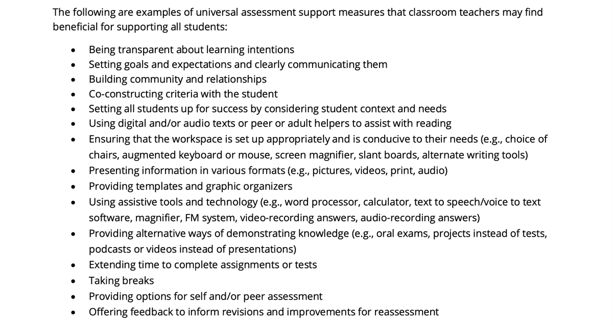 This list is GOLD. From the new #BCed reporting order, a list of universal assessment support measures that classroom teachers may find beneficial for supporting all students. In other words, best practice.