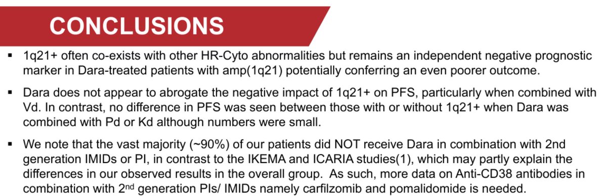 CONGRESS | POSTER | #ASH23 | Kenneth J C Lim @StVincentsMelb presents on the impact of 1Q21+ in daratumumab treated MM. median PFS with vs without 1q21+ 9.2-mo vs 22.1-mo. Median PFS gain1q21 vs amp1q21 5.7-mo vs 10.5mo.
#mmsm #myeloma