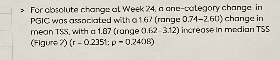 …here is the important point ….a single point change in PGIC correlated with a 1.67 point change in median TSS…. So look at these differences in ph3 data & wider benefits eg anaemia & side effects @MPDRC @MPNSM @doctorpemm @RaajitRampal & ensure you can give a good rux dose