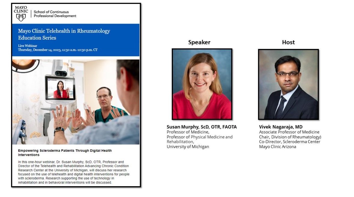 Vivek Nagaraja (@vivnag) on Twitter photo 4-days to go!
6th session <a href="/MayoClinic/">Mayo Clinic</a> #Telehealth in #Rheumatology webinar
Empowering Scleroderma Patients through Digital Health Interventions.
By Dr. Susan Murphy, ScD, OTR <a href="/UMich/">University of Michigan</a>
December 14, 2023
11:30 AM CT
Free Registration mc-meet.zoom.us/webinar/regist… 4-days to go!
6th session <a href="/MayoClinic/">Mayo Clinic</a> #Telehealth in #Rheumatology webinar
Empowering Scleroderma Patients through Digital Health Interventions.
By Dr. Susan Murphy, ScD, OTR <a href="/UMich/">University of Michigan</a>
December 14, 2023
11:30 AM CT
Free Registration mc-meet.zoom.us/webinar/regist…
