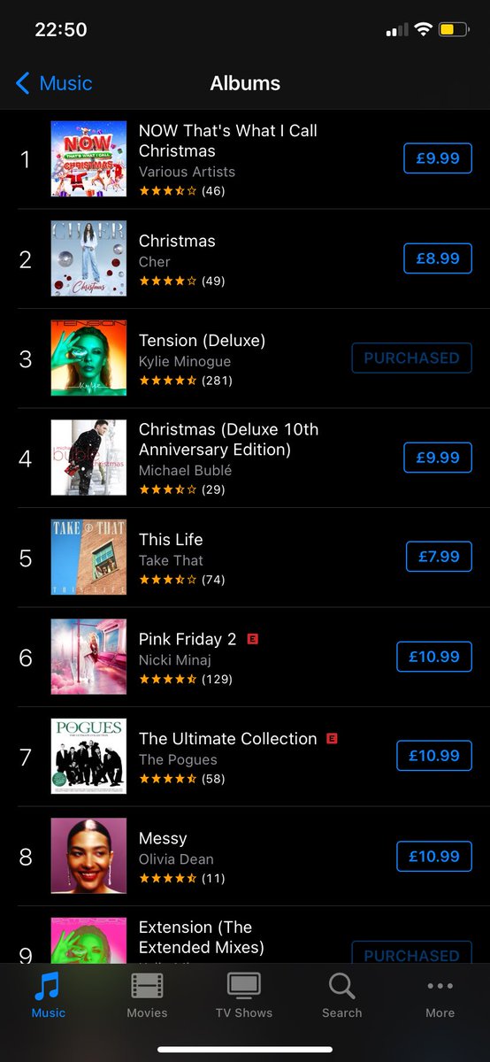6 albums back in the iTunes chart in the UK after #AnAudienceWithKylie hen!! @kylieminogue 😻😻😻😻