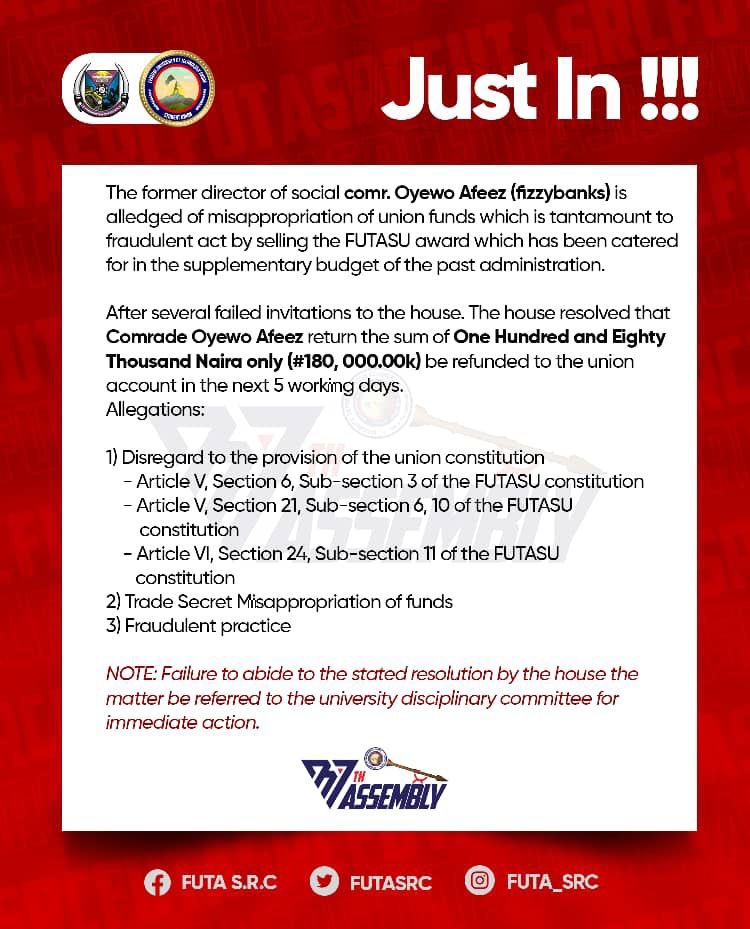 FUTASRC's tweet photo. JUST IN : THE HOUSE RESOLVED TO THE BELOW RESOLUTION SEQUEL TO MISAPPROPRIATION OF FUNDS FROM
THE FORMER DIRECTOR OF SOCIALS
READ BELOW ⬇️
#FuTA #FUTASRC https://t.co/u2juwhDX9C
