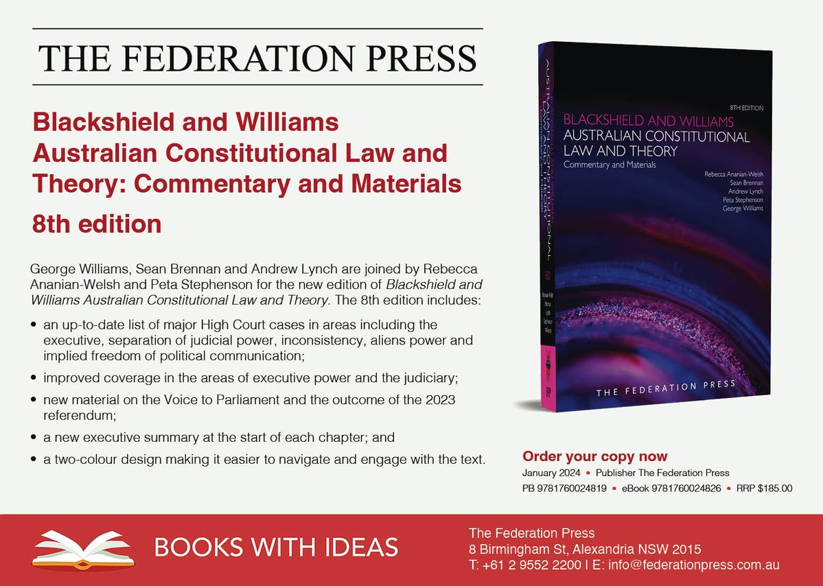 Coming in Jan 2024! Take a sneak peek at the new edition of Blackshield and Williams Australian Constitutional Law and Theory. Chapter 30 Constitutional Change now available in full on our website: federationpress.com.au/wp-content/upl… #auslaw #ConstitutionalLaw
