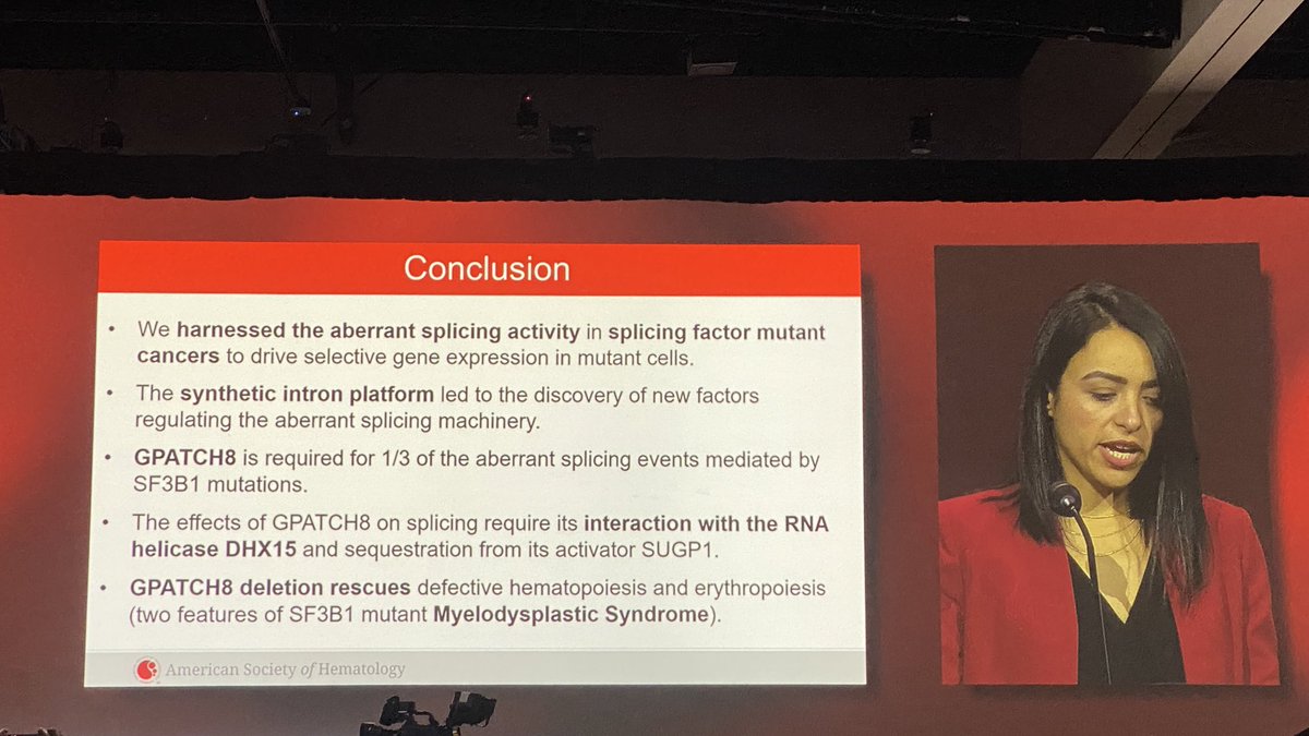 Happening Now at #ASH23: Salima Benbarche, PhD (@SBenbarche) of @MSKCancerCenter presents at the Plenary Session on synthetic introns identifying the novel RNA splicing factor GPATCH8 as required for mis-splicing induced by SF3B1. Read more: ash.confex.com/ash/2023/webpr…