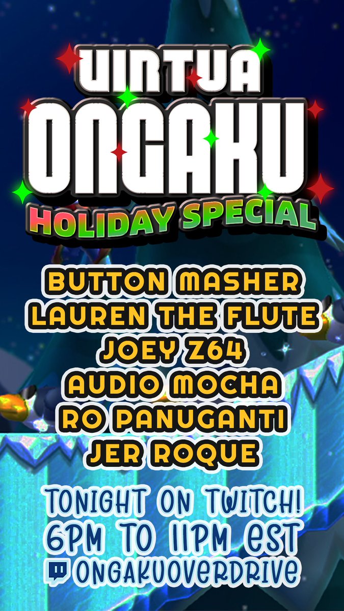 OngakuOverdrive's tweet image. We are LIVE with the Virtua Ongaku Holiday Special to benefit Give Kids the World Village. 

See performances by @Audio_Mocha, @jer_roque, @laurentheflute, @JOEYZISDEAD, @RoPanuganti, and @Button__Masher      

Tune in now at twitch.tv/ongakuoverdrive
