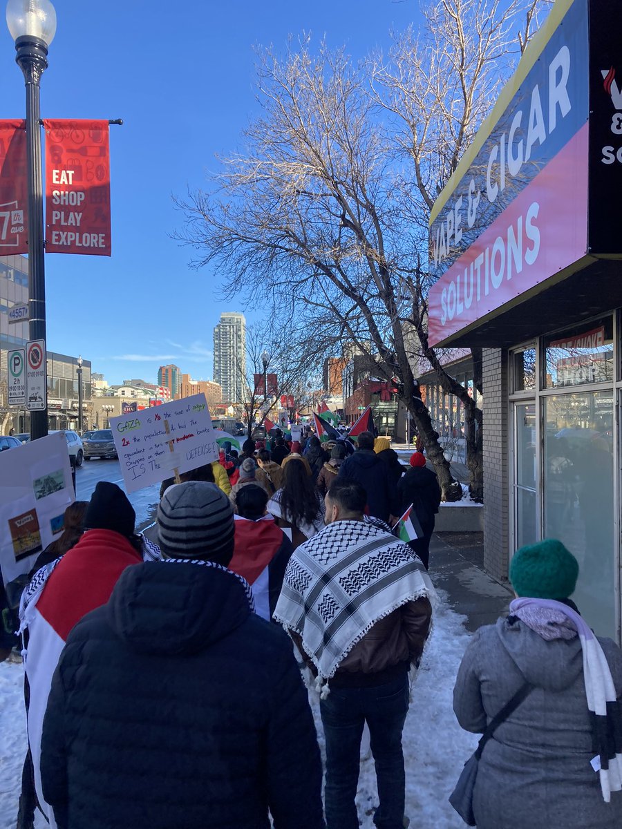 Week 9 of protests calling for a #Ceasefire in #Gaza. Our feet are cold; our voices, hoarse. We will not stop until the bombs stay grounded and guns fall silent and babies wail from secure beds. Calgary, Alberta