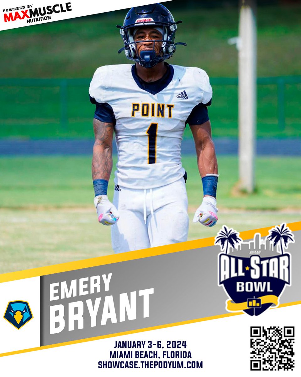 PodyumBowl's tweet image. 🚨 𝗖𝗢𝗡𝗙𝗜𝗥𝗠𝗘𝗗 🚨

@bryant_emery from @PointFootball has accepted the invitation to compete at the 2024 Podyum All-Star Bowl! See you in Miami!    showcase.thepodyum.com 

#EarnYourLevel #CollegeAllStar #FootballShowcase #ProFootball #NFL📷 #CFL #XFL #USFL #ArenaFootball