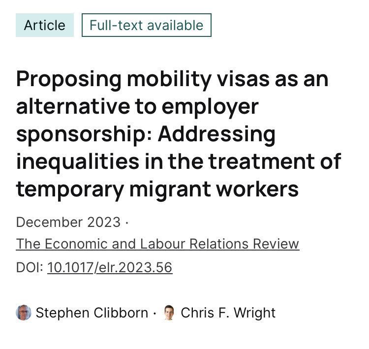 Pleased the new ‘Skills in Demand visa’ (encouraging, evidence-based migration policy, addressing major flaws in TSS visa that contribute to exploitation) draws on ⁦@ChrisFWright⁩ and my ‘mobility visa’ submission to the Parkinson Review See also: researchgate.net/publication/37…