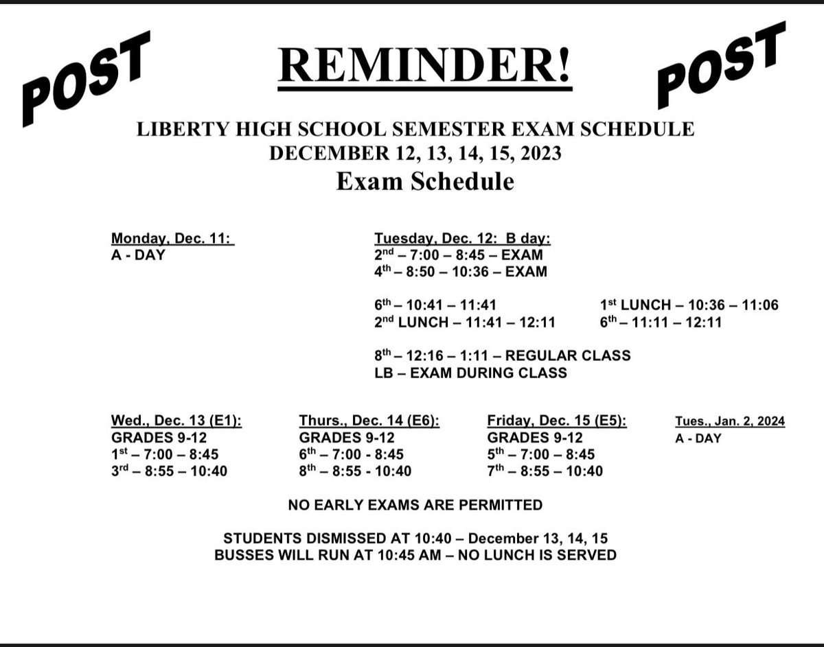 It’s almost Semester Exam time, Patriots! Schedule posted below. ⬇️

#Liberty #SemesterExams #LasVegas #LibertyPatriots #WinterBreak #AlmostThere
#LHSPatsYearbook ❤️🤍💙