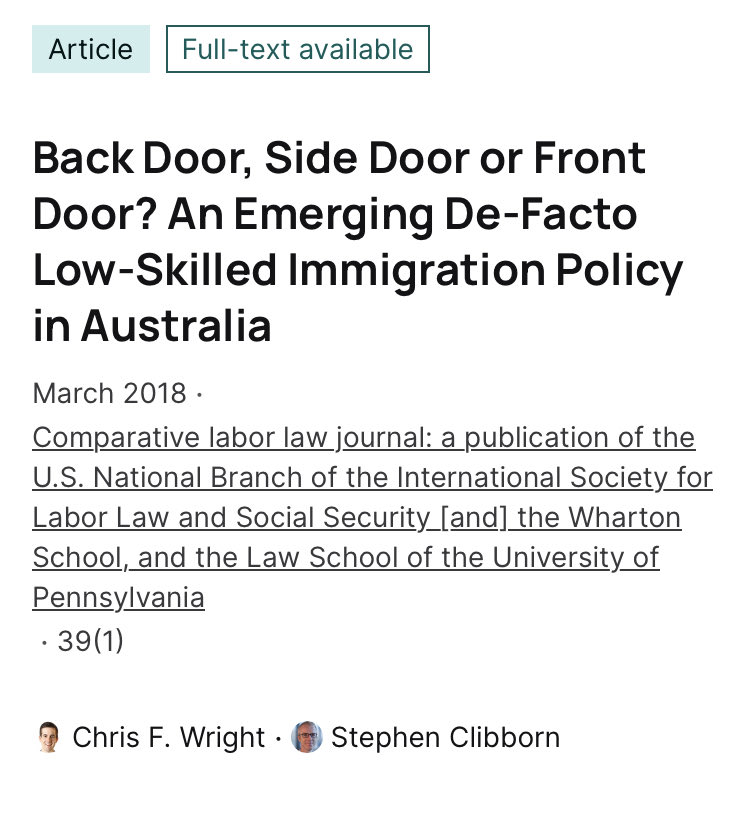 Lots of talk from the Australian government today about closing immigration back doors and side doors Here’s some detail from ⁦@ChrisFWright⁩ and me on problems with those doors (from 2018): researchgate.net/publication/32…