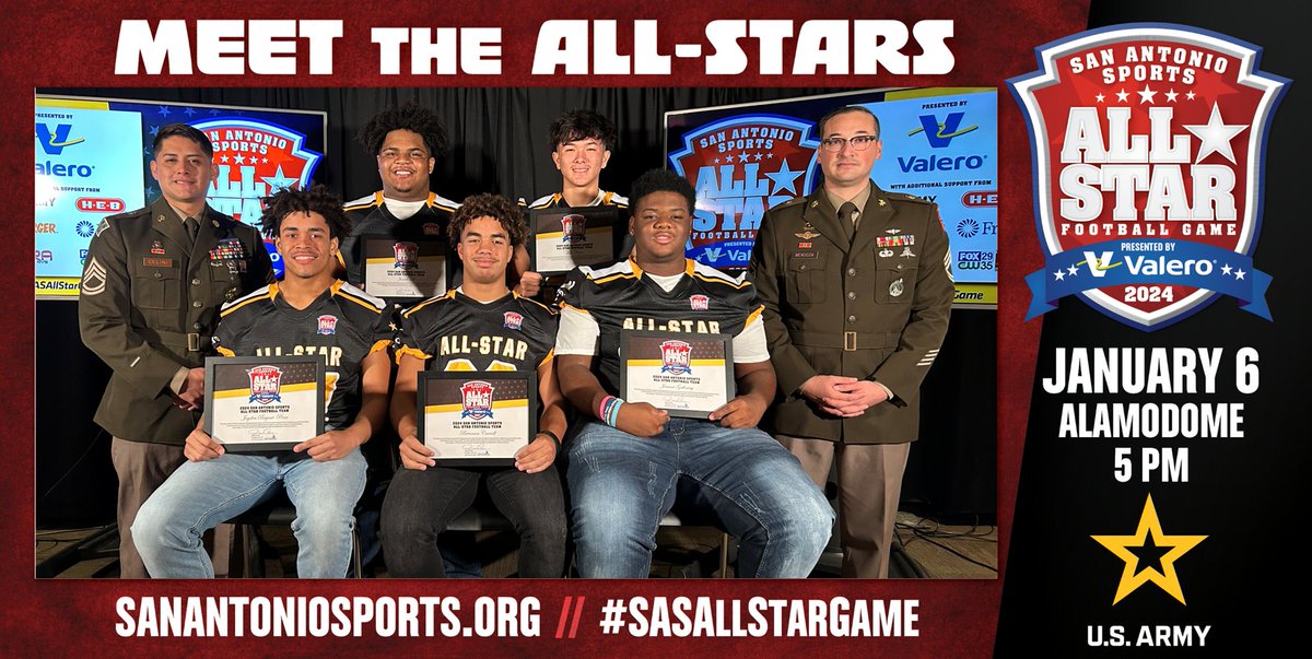 Watch <a href="/News4SA/">News 4 San Antonio</a> Sports Sunday tonight at 11 PM &amp; meet <a href="/LEEVolsFootball/">LEE Vols Football</a> Jayden Bryant-Penn &amp; <a href="/_joshuawayne/">Joshua Wayne</a> and <a href="/TRRoughRiderFB/">Roosevelt Rough Riders</a> @Alijussiah, <a href="/BCarroll2024/">Brennan Carroll</a> &amp; @satxjGalloway who were selected to play for Team Black in the #SASAllStarGame. Congrats! See them play Jan. 6 in the Dome!