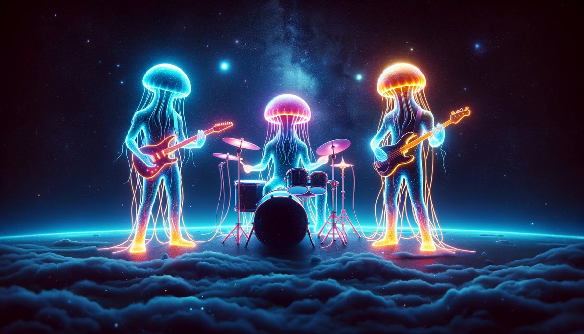 A trio of neon jellyfish, each a band member playing a unique instrument, floating in the cosmic void. Created with DALLE3. #neonvibes #jellyfish #malowai