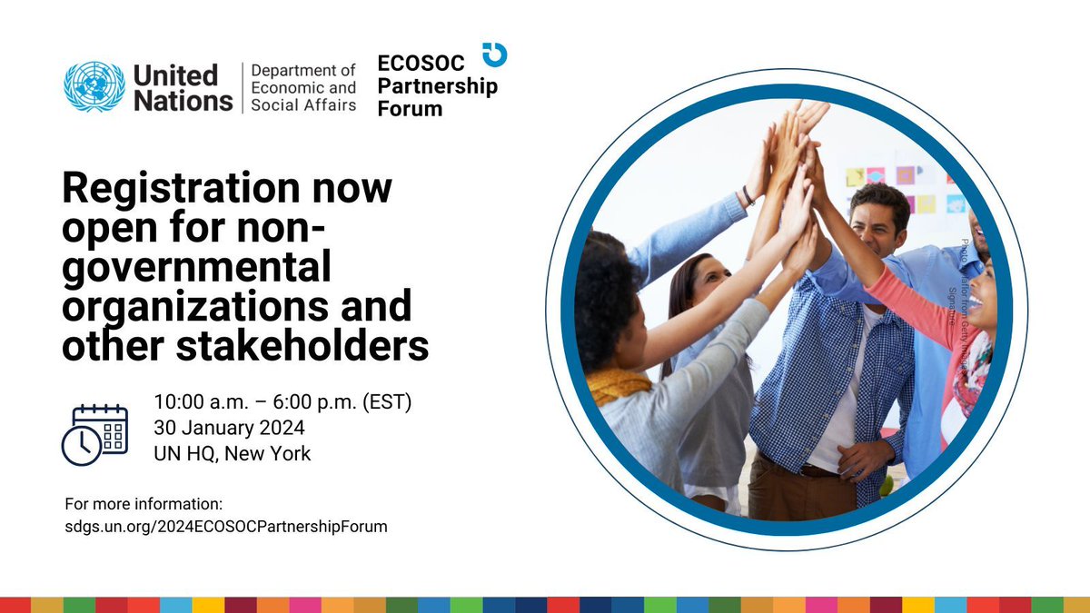 🚨 Don’t forget to register for the @UNECOSOC Partnership Forum! 👉 Representatives from NGOs and other relevant stakeholders can register by 12 January 2024 to attend in person: sdgs.un.org/2024ECOSOCPart…