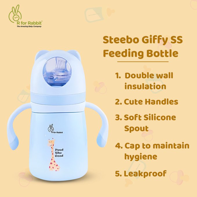 Steebo Giffy SS Feeding Bottle 
. 
Visit us: rforrabbit.com
. 
 #RforRabbit #rforrabbitbaby #bottle #babyproduct