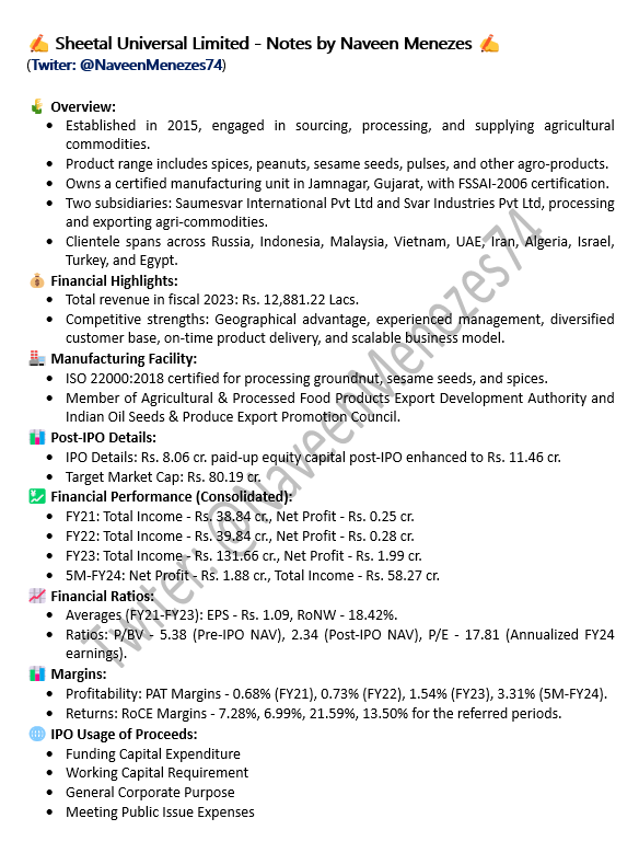 NaveenMenezes74's tweet photo. Sheetal Universal Limited had a promising debut, opening at a 7% premium on the NSE SME platform on December 11. Priced at Rs 70 in the IPO, the stock started at Rs 75. Explore further insights into the company by checking out my notes below. 📈 #SheetalUniversal #IPODebut #StockMarket #NSE #SMEPlatform #InvestingInsights