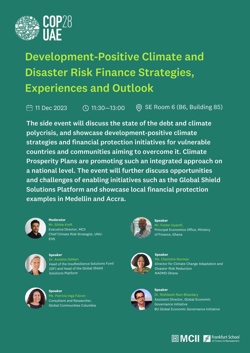 [Today, 11:30 am, SE Room 6] Foster Gyamfi @MoF_Ghana & Charlotte Norman @NADMOGHANA 🇬🇭 will join @rishirbhandary @GDP_Center, Patricia Inga Falcon of Global Communities 🇨🇴, Anette Detken @theGSSP, & @m_mirwald @_MCII_ for “Dev’t-Positive Climate & Disaster Risk Finance” #COP28