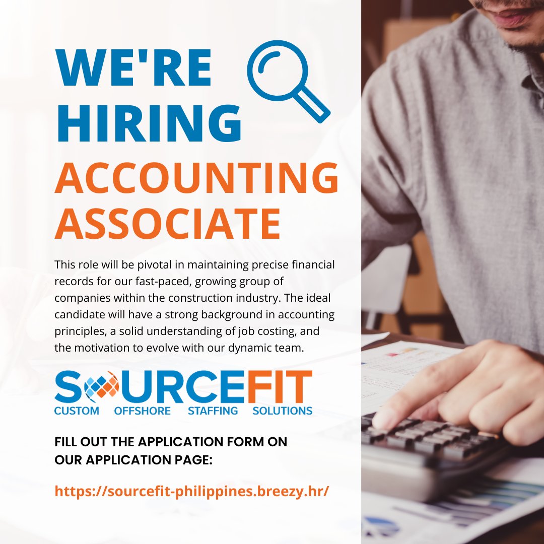 SourcefitHiring's tweet image. We are seeking a highly organized, detail-oriented, and experienced Accounting Associate with a focus on job costing and data entry.

Click this link sourcefit-philippines.breezy.hr/p/dd03820d5429…  to know more about this amazing opportunity.

#SourcefitJobs #Sourcefit #AccountingAssociate