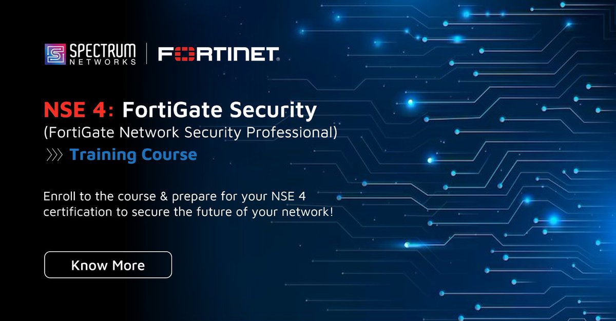 specnt's tweet image. Increase your network security expertise through our comprehensive 3-day course on #FortiGate Security (FortiGate Network Security Professional). Enroll now!

Know More: shorturl.at/nN257
Contact us at emea.mc@specnt.com

#NSE4 #Fortinettraining #Fortinet #spectrumnetworks