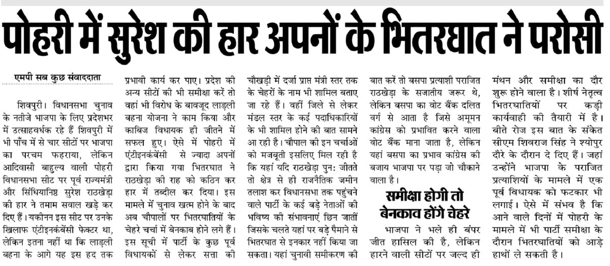 क्या होगी भितरघातियों पर कार्रवाई या मिलेगा ईनाम?
<a href="/OfficeofSSC/">Office of Shivraj</a> <a href="/ChouhanShivraj/">Shivraj Singh Chouhan</a> <a href="/HitanandSharma/">हितानंद Hitanand</a> <a href="/vdsharmabjp/">VD Sharma</a> <a href="/PMOIndia/">PMO India</a> <a href="/JM_Scindia/">Jyotiraditya M. Scindia</a> <a href="/BJP4MP/">BJP Madhya Pradesh</a>