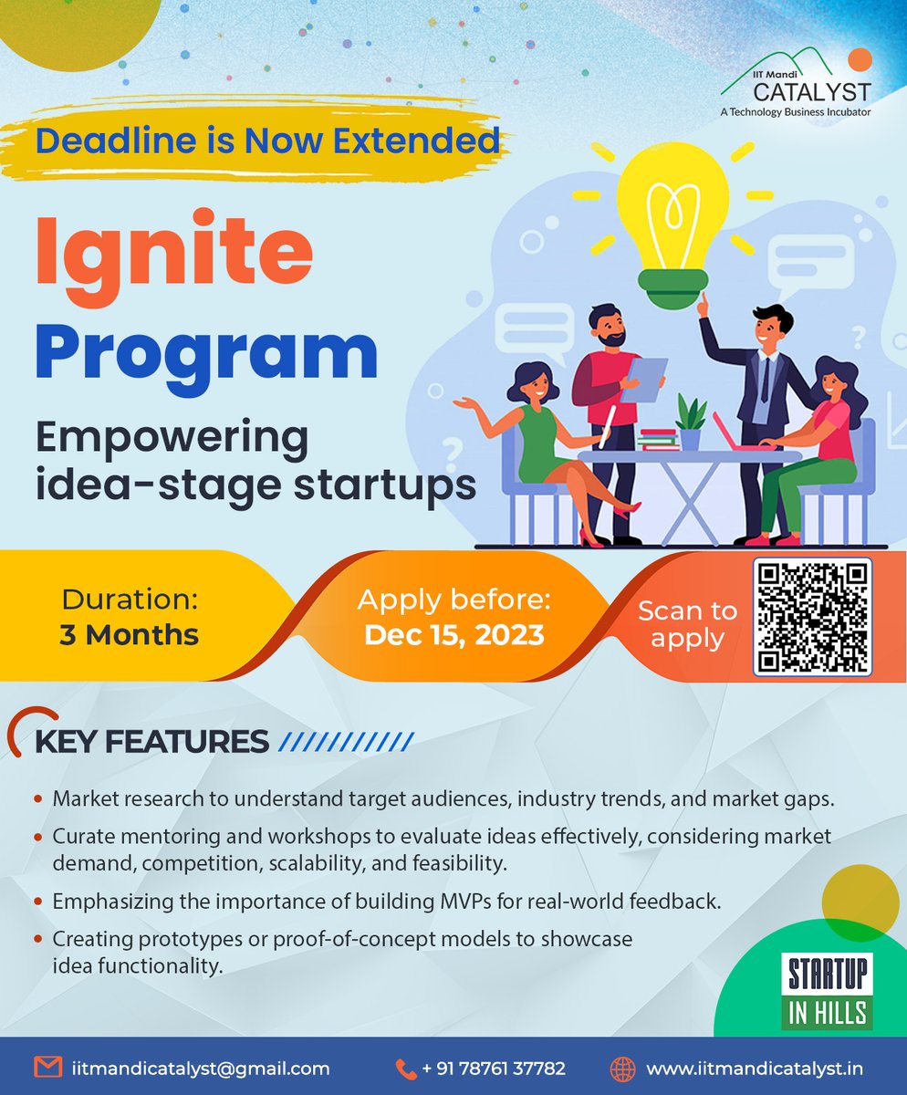 🚀 The deadline to apply for the Ignite Program has been extended to December 15, 2023.

To apply for the program, click on the following link: iitmandicatalyst.typeform.com/registerhere
Know more: bit.ly/47SVLNo

#iitmandicatalyst #iitmandi #CallForApplication #incubator #startups
