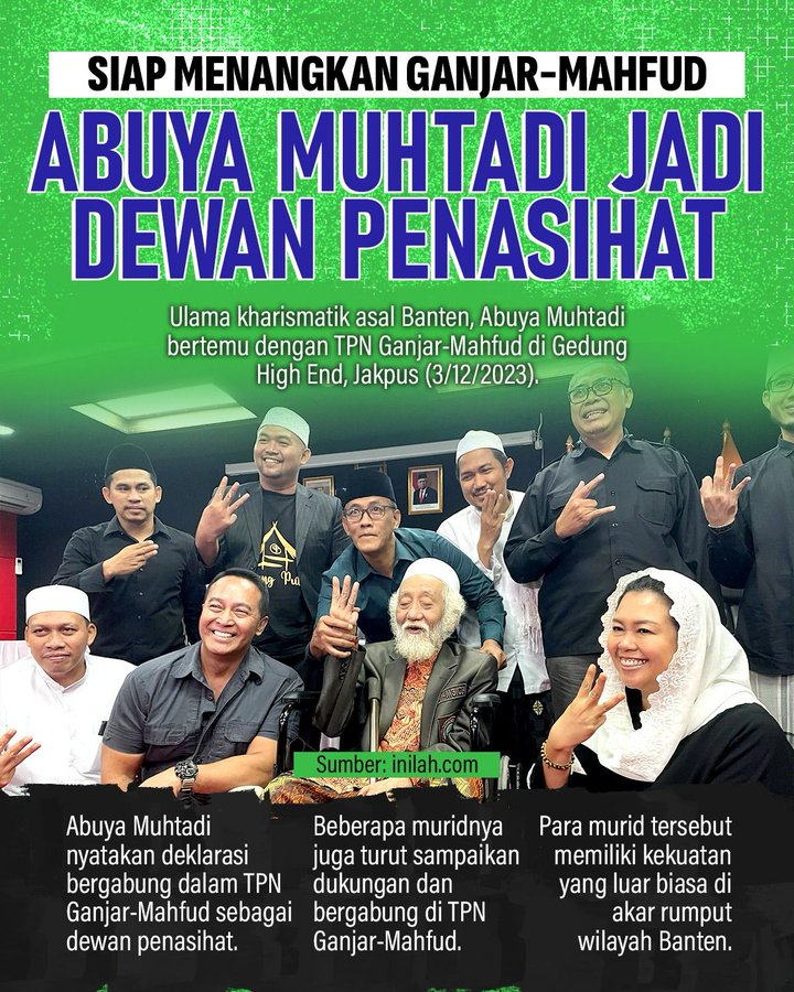 sapi05490638's tweet photo. Kiai karismatik sekaligus Pimpinan Pondok Pesantren Roudotul Ulum, Cidahu, Pandeglang, Banten K.H. Ahmad Muhtadi Dimyati menegaskan dukungan kepada Ganjar Pranowo-Mahfud Md pada pemilihan presiden (Pilpres) 2024. https://t.co/UXjARoRl0j