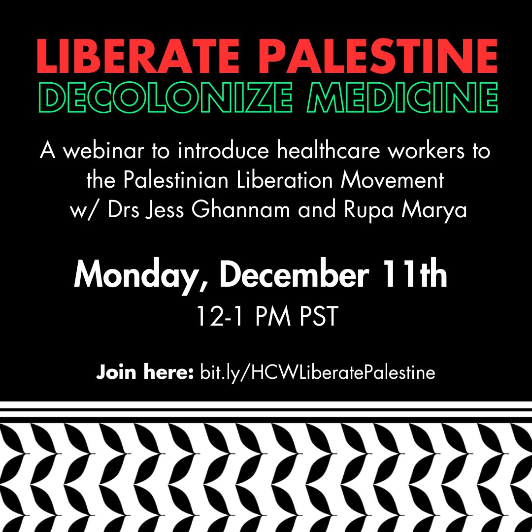 Tomorrow--Join @jessghannam and I as we discuss the Palestinian Liberation Movement and why it's critical for healthcare workers to step in and step up to stop the genocide. Learn about the far-reaching impact this movement has to make medicine serve all.
bit.ly/HCWLiberatePal…