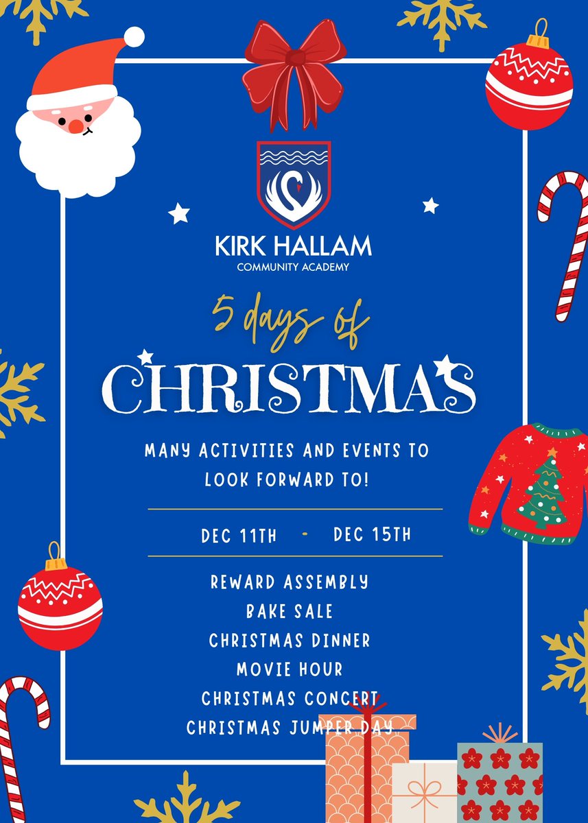 KirkHallamCA's tweet photo. It's the last week of term - with lots of festive fun to look forward to! #khca #5daysofChristmas #amazingopportunities https://t.co/fZGv6QisDw
