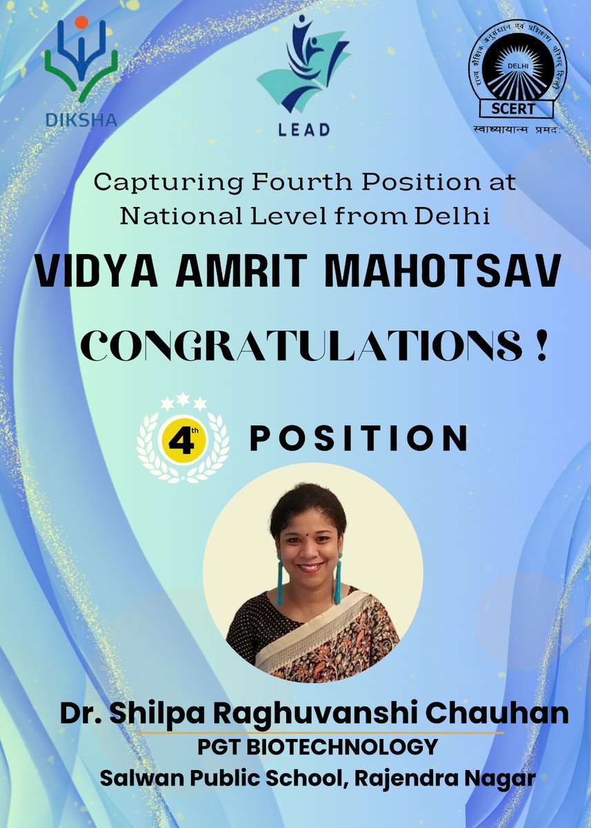 #Innovativepedagogy “It is the supreme art of the teacher to awaken joy in creative expression and knowledge.”- Albert Einstein @SCERT2021 congratulates #Dr_Shilpa_Raghuvanshi_Chauhan, who secured 4th position in #vidyaamritmahotsav at National Level. #DIKSHA